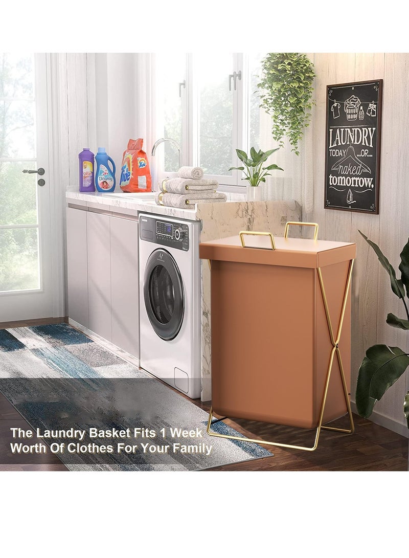 Laundry Hamper with Lid Portable and Collapsible Folding Clothes Laundry Basket Storage with Removable PU Bag Metal Frame Laundry Organizer Cabinet for Bathroom (Orange Pu)  - Image 2