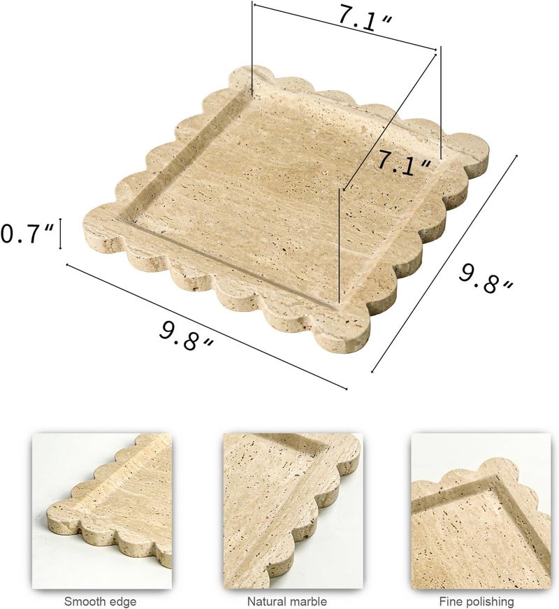 Future stone Natural 100% Marble Vanity Tray Luxury Scalloped Marble Tray, Travertine Tray for Home Decor Bathroom Kitchen Candle Key (Square-9.8 * 9.8-Beige Travertine) - Image 2