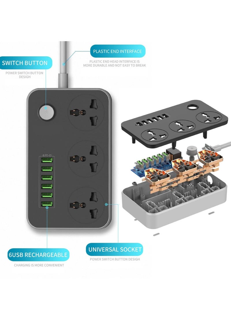 Power Strip with USB Ports，Universal Flat Plug，Power Socket with 6 Quick USB Port (5V 3.4A 17W) & 3 Outlets，6.5ft Heavy Duty Extension Cord，Overload Surge Protection，MAX 10A / 220V / 2500W - Image 2