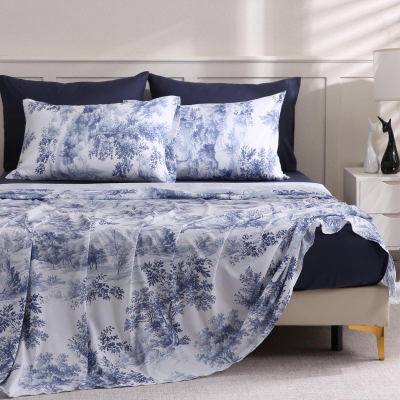 LONAVA Botanical California King Size Bed Sheet Set, 6 Piece, Deep Pocket Navy Blue Fitted Sheet, Comfy & Breathable Patterned Flat Sheets, Premium Microfiber, Tropical Blue Forest Printed - Image 1