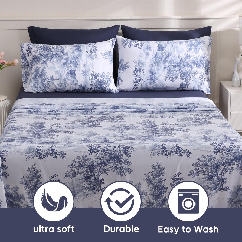 LONAVA Botanical California King Size Bed Sheet Set, 6 Piece, Deep Pocket Navy Blue Fitted Sheet, Comfy & Breathable Patterned Flat Sheets, Premium Microfiber, Tropical Blue Forest Printed - Image 5