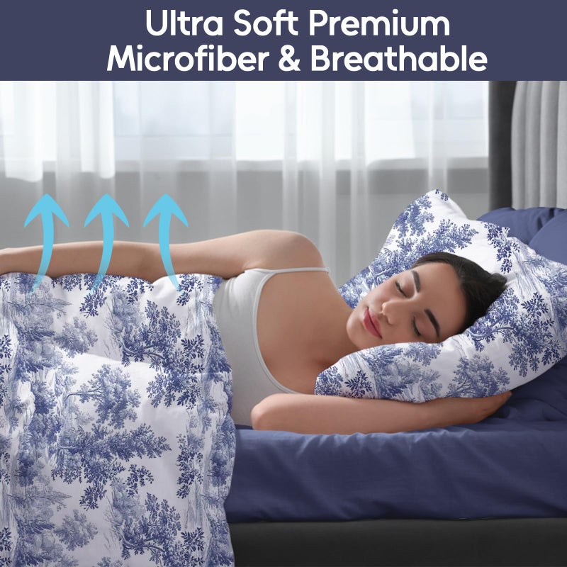 LONAVA Botanical California King Size Bed Sheet Set, 6 Piece, Deep Pocket Navy Blue Fitted Sheet, Comfy & Breathable Patterned Flat Sheets, Premium Microfiber, Tropical Blue Forest Printed - Image 2