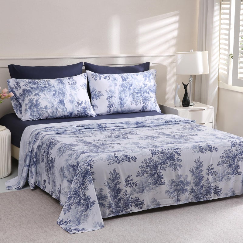 LONAVA Botanical California King Size Bed Sheet Set, 6 Piece, Deep Pocket Navy Blue Fitted Sheet, Comfy & Breathable Patterned Flat Sheets, Premium Microfiber, Tropical Blue Forest Printed - Image 3
