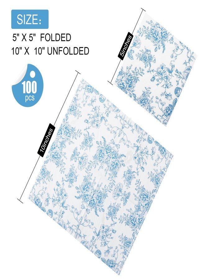 YOCHANDA 100 Pack Blue Floral Cocktail Napkins, Guest Hand Towels Disposable for Bathroom, Blue Floral Paper Napkins for Bridal and Baby Shower, Tea Party, Garden Party, Birthday Party - Image 2