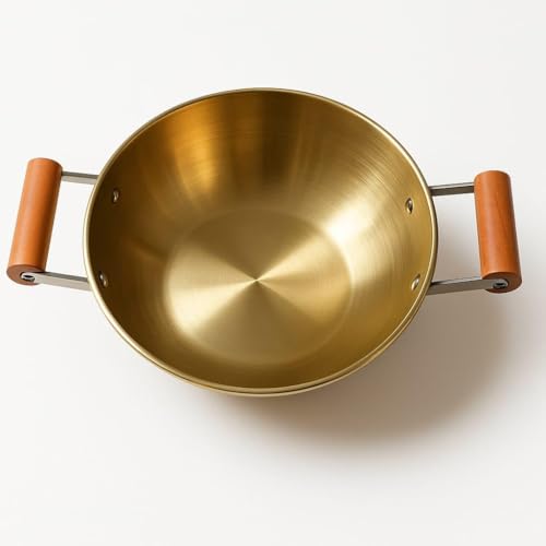 Kruvad Traditional Hammered Pital Kadai with Wooden Handle – Handcrafted Brass Kadhai for Cooking & Serving Indian Cookware for Veg & Non-Veg Dishes Durable Kitchen Utensil with - Image 1