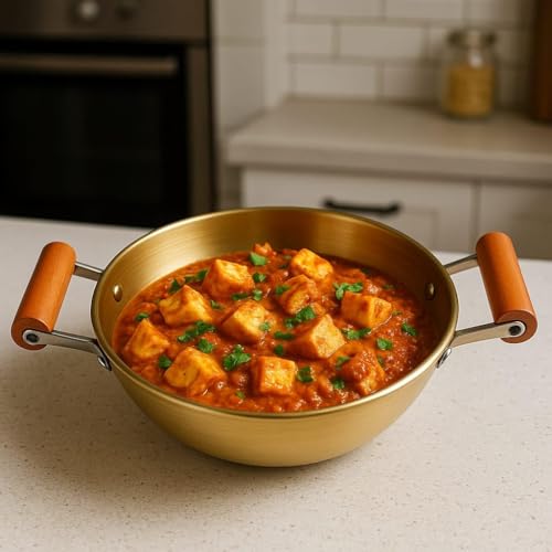 Kruvad Traditional Hammered Pital Kadai with Wooden Handle – Handcrafted Brass Kadhai for Cooking & Serving Indian Cookware for Veg & Non-Veg Dishes Durable Kitchen Utensil with - Image 2
