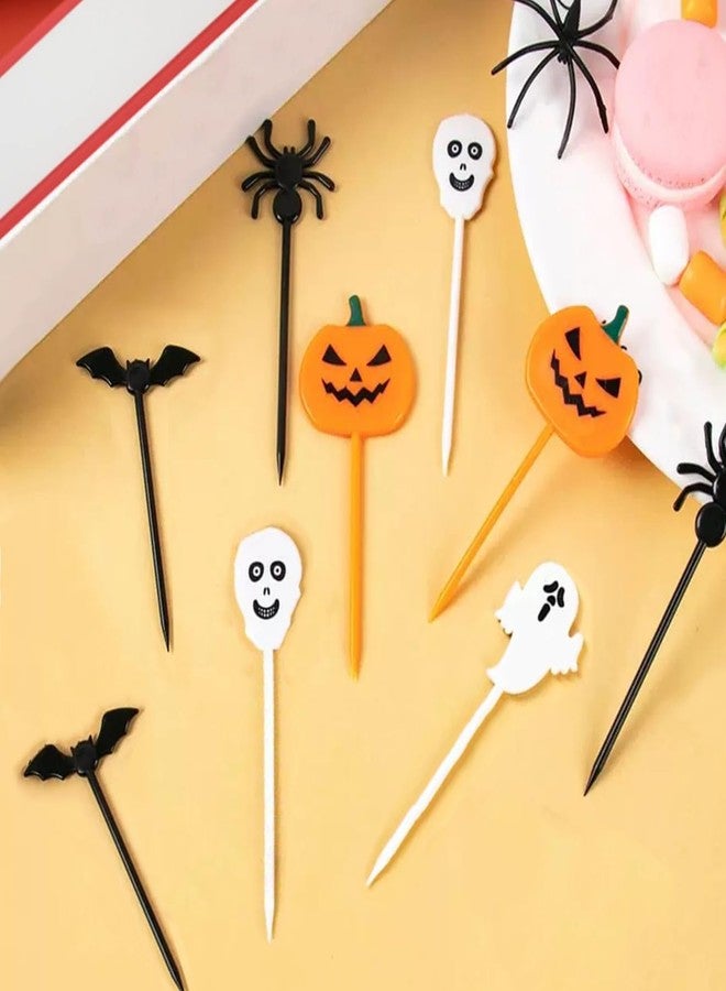 SETRUE 50 Pcs Halloween Fruit Food Picks, Cute Ghost Pumpkin Bat Toothpicks Cartoon Pattern Fruit Pick for Cake Halloween Party Decoration Supply - Image 3