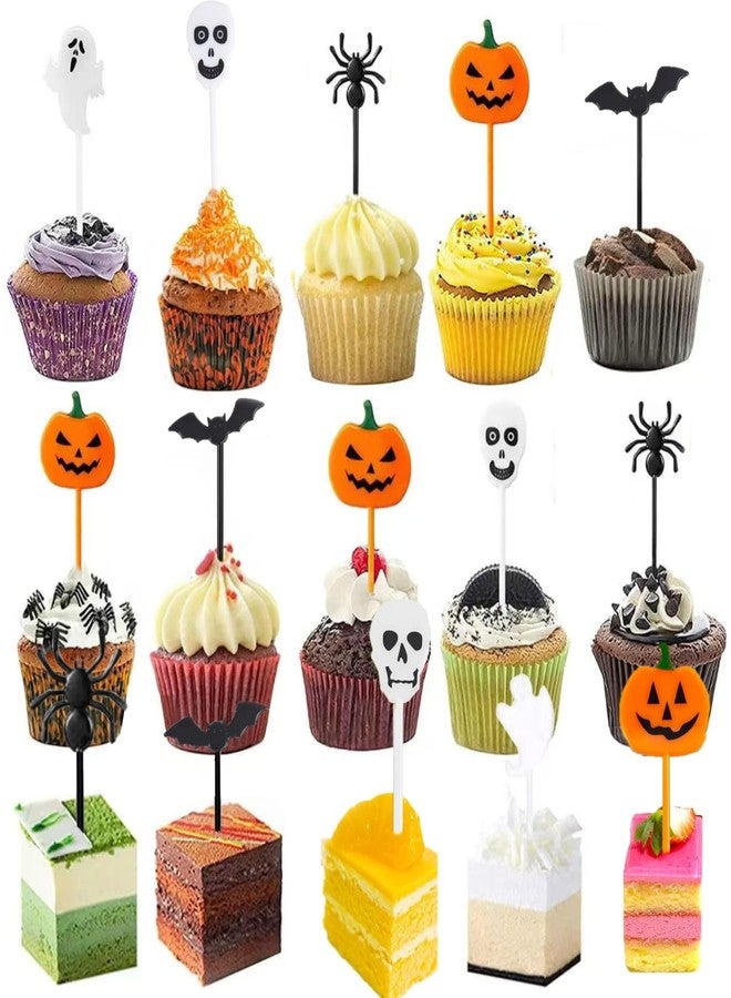 SETRUE 50 Pcs Halloween Fruit Food Picks, Cute Ghost Pumpkin Bat Toothpicks Cartoon Pattern Fruit Pick for Cake Halloween Party Decoration Supply - Image 1
