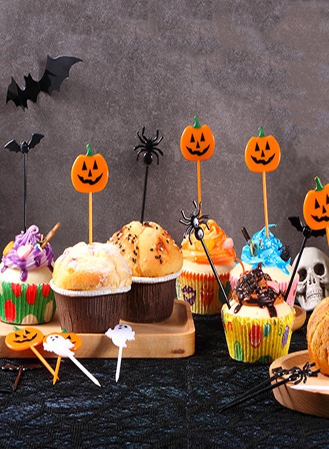 SETRUE 50 Pcs Halloween Fruit Food Picks, Cute Ghost Pumpkin Bat Toothpicks Cartoon Pattern Fruit Pick for Cake Halloween Party Decoration Supply - Image 2