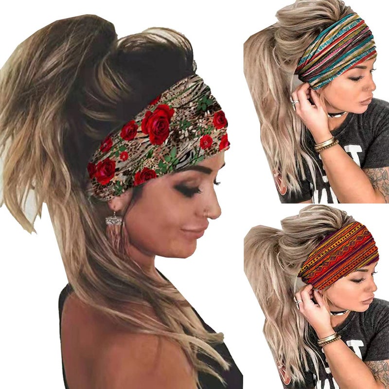 K-Elewon 3 Pack Women Wide Elastic Head Wrap Headband Sports yoga Hair Band Headwear(3 Pack(A26)) - Image 1
