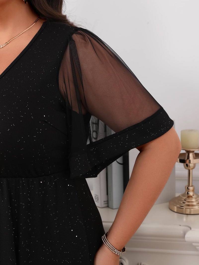 Floerns Women's Plus Size A Line Dress Mesh Short Sleeve V Neck Flared Glitter Ribbed Party Cocktail Dresses Black X-Large Plus - Image 4