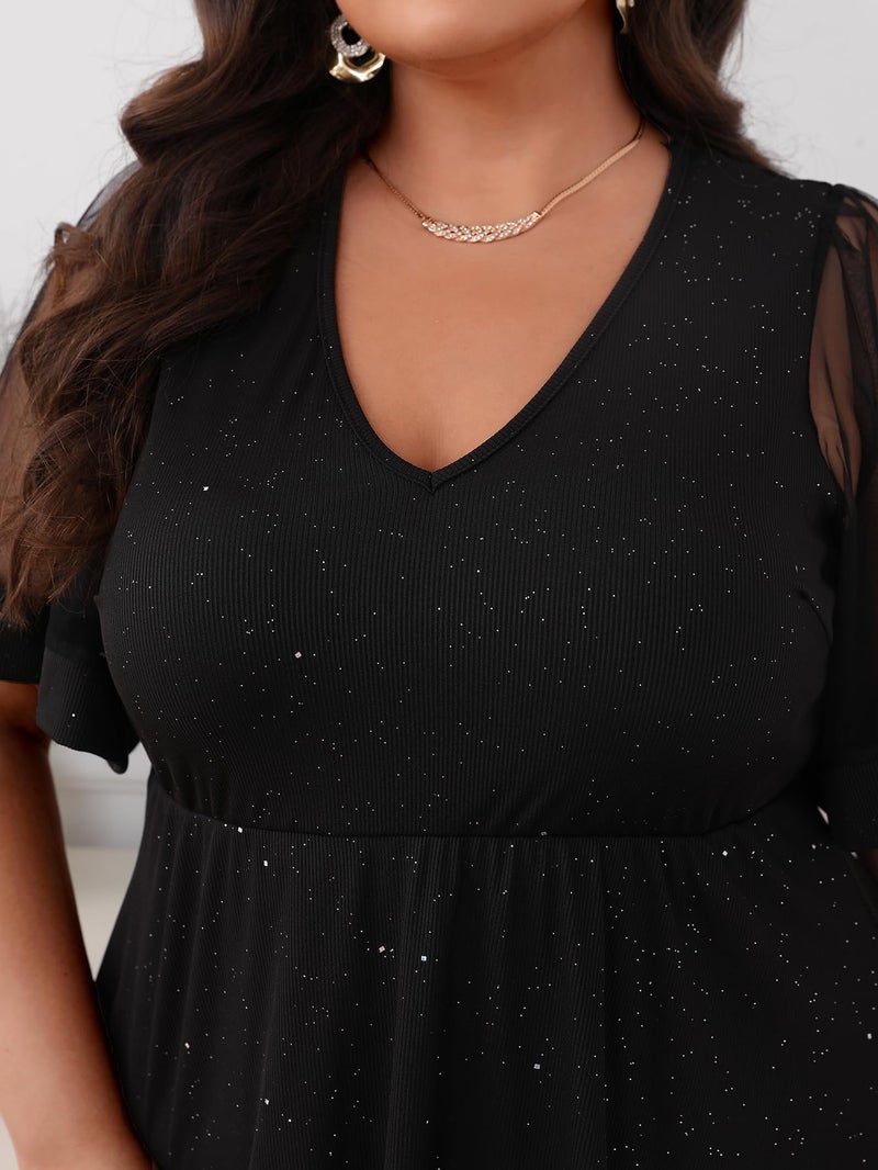 Floerns Women's Plus Size A Line Dress Mesh Short Sleeve V Neck Flared Glitter Ribbed Party Cocktail Dresses Black X-Large Plus - Image 3