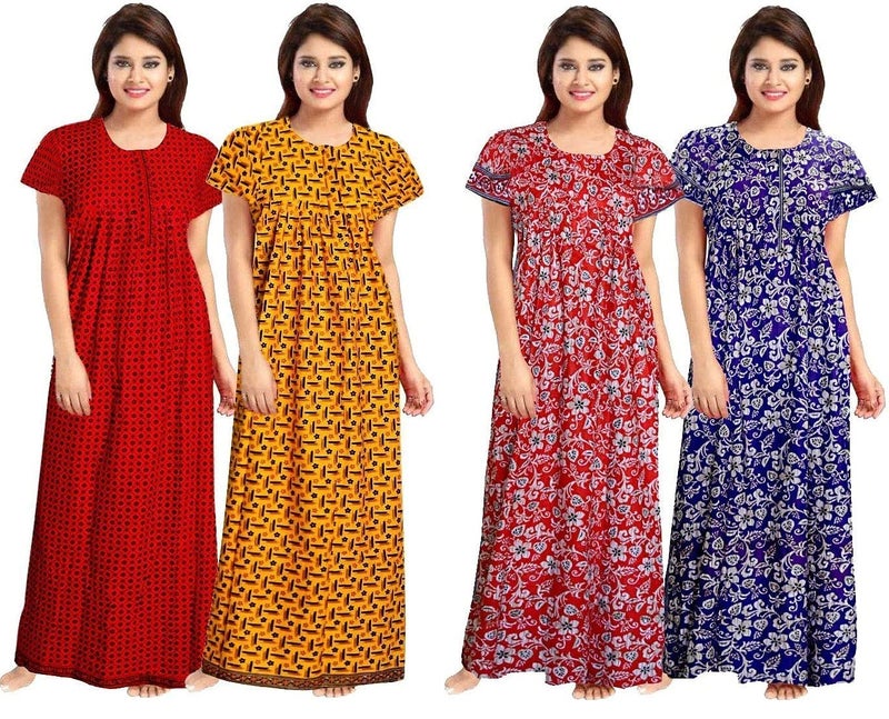 NEGLIGEE Women's Cotton Printed Maxi Nightgown Nighty for Women Ankle Length Night Dress - Pack of 4 (Free Size, Multicolor, Option 05) - Image 1