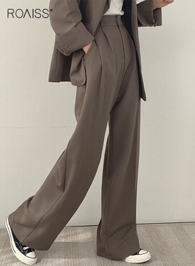 رويس طقم بليزر نسائي عصري، جاكيت بدلة كاجوال مع بنطلون، موضة الربيع والخريف، ملابس مريحة كبيرة الحجم، طقم مكون من قطعتين، مريح وناعم، طقم مكتب مع جيوب، بني - Image 2