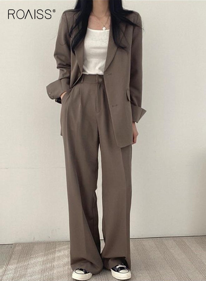 رويس طقم بليزر نسائي عصري، جاكيت بدلة كاجوال مع بنطلون، موضة الربيع والخريف، ملابس مريحة كبيرة الحجم، طقم مكون من قطعتين، مريح وناعم، طقم مكتب مع جيوب، بني - Image 1