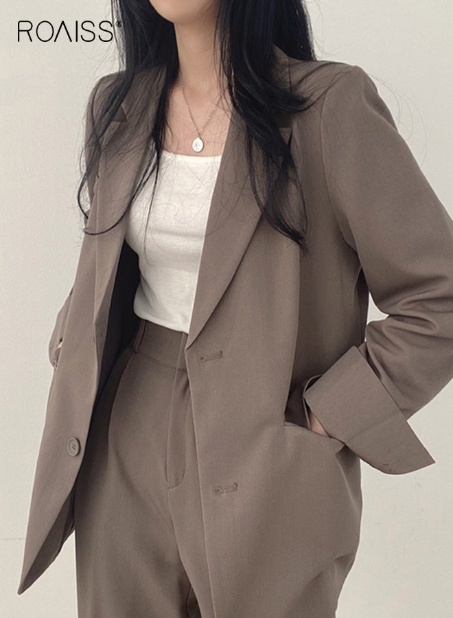 رويس طقم بليزر نسائي عصري، جاكيت بدلة كاجوال مع بنطلون، موضة الربيع والخريف، ملابس مريحة كبيرة الحجم، طقم مكون من قطعتين، مريح وناعم، طقم مكتب مع جيوب، بني - Image 3