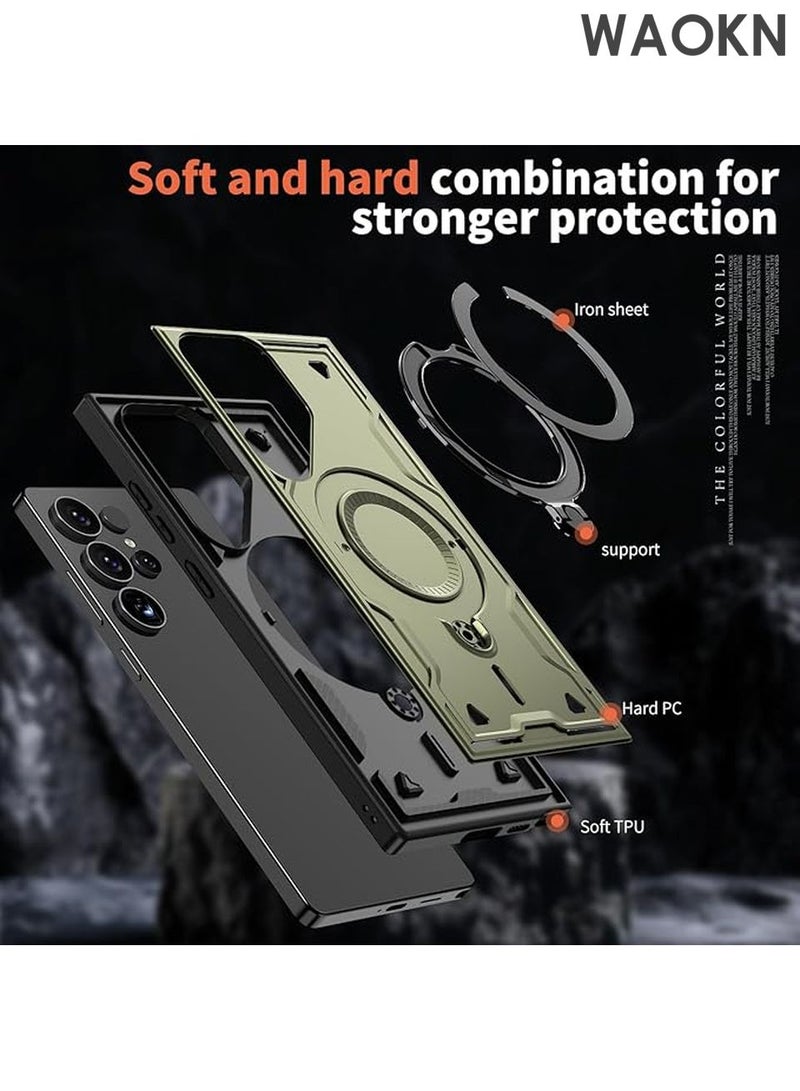 دبليو أيه أو كي أن جراب لهاتف Samsung S25 Ultra، هاتف عسكري متين، حامل، شبكة مغناطيسية، نحيف، مقاوم للخدش، فتحات دقيقة، قبضة مضادة للانزلاق، متانة، أغطية واقية، حماية شديدة التحمل، حماية 360 درجة، أسود - Image 2