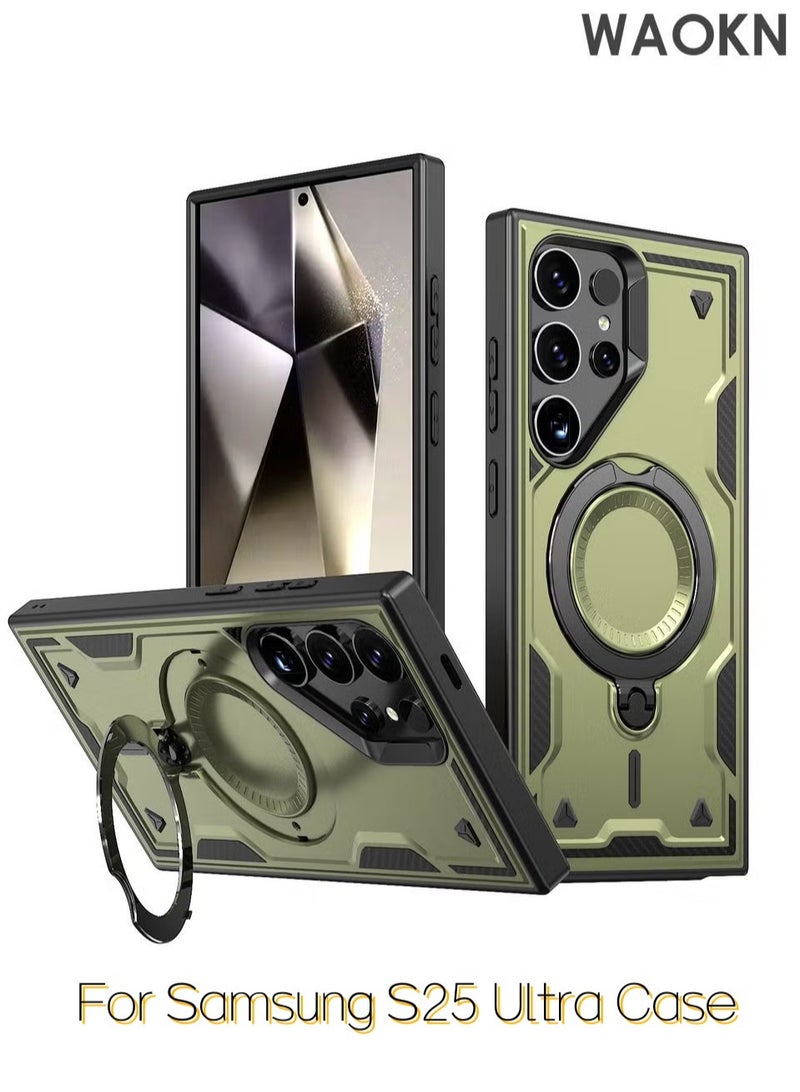 دبليو أيه أو كي أن جراب لهاتف Samsung S25 Ultra، هاتف عسكري متين، حامل، شبكة مغناطيسية، نحيف، مقاوم للخدش، فتحات دقيقة، قبضة مضادة للانزلاق، متانة، أغطية واقية، حماية شديدة التحمل، حماية 360 درجة، أسود - Image 1