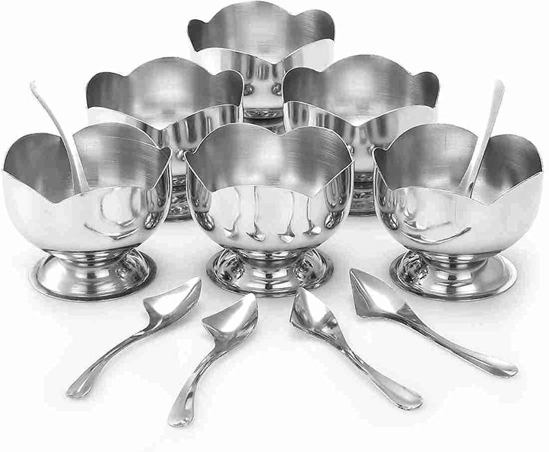 Dynore Stainless Steel Set of 12-6 Lotus Ice Cream Cup/Soup Bowl and 6 Ice Cream Spoon