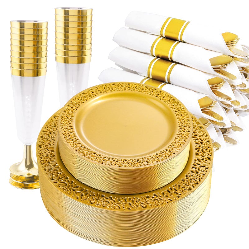DaYammi 210PCS Solid Gold Disposable Plates with Gold Plastic Silverware and Cups for Party Plastic Plates Include 30 Dinner Plates 30 Dessert Platos 30 Rolled Napkins with Cutlery 30 Cups