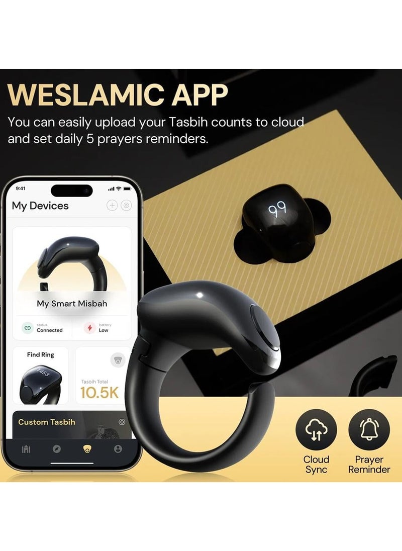 salam Smart Tasbeeh Ring Prayer Times Reminder Waterproof Electronic Ring with Magnetic Charger Black (Size 18-20)  - Image 1