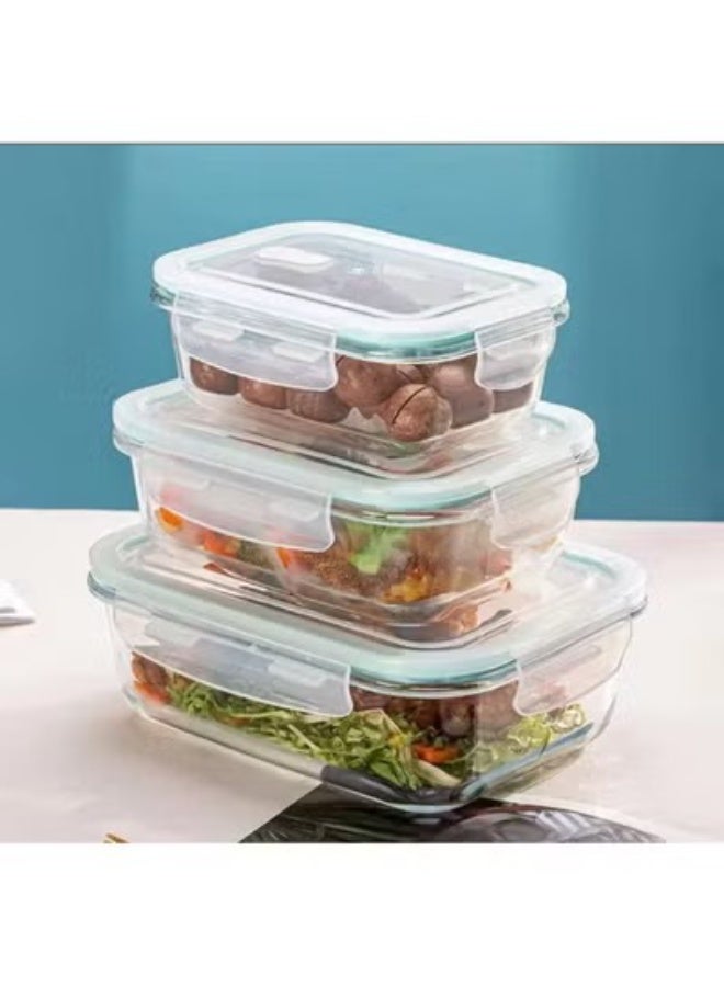 High Quality Glass Food Container Set Made of High Borosilicate Glass, Rectangular Shape with Snap Closure, Leakproof Glass Meal Prep, BPA Free, Set of 3 (410ml + 680ml + 1040ml) - Clear - Image 1