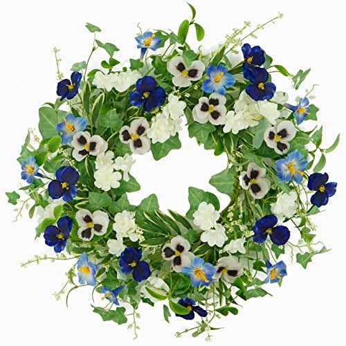 AMF0RESJ Artificial Spring Summer Wreath with Pansy Flower,Lavender Morning Glory for Front Door Indoor Outdoor Farmhouse Home Wall Window Festival Wedding Decor, - Image 1
