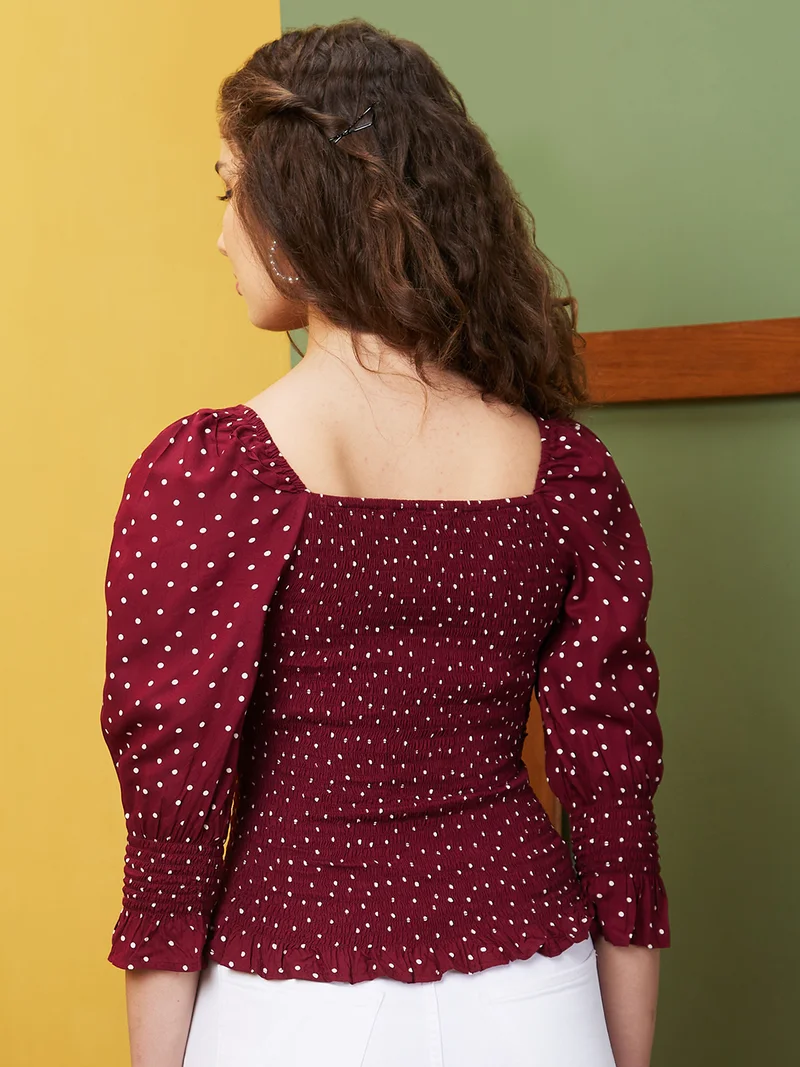 جلو باص Women Polka Dots Printed Frilled & Cinched Top