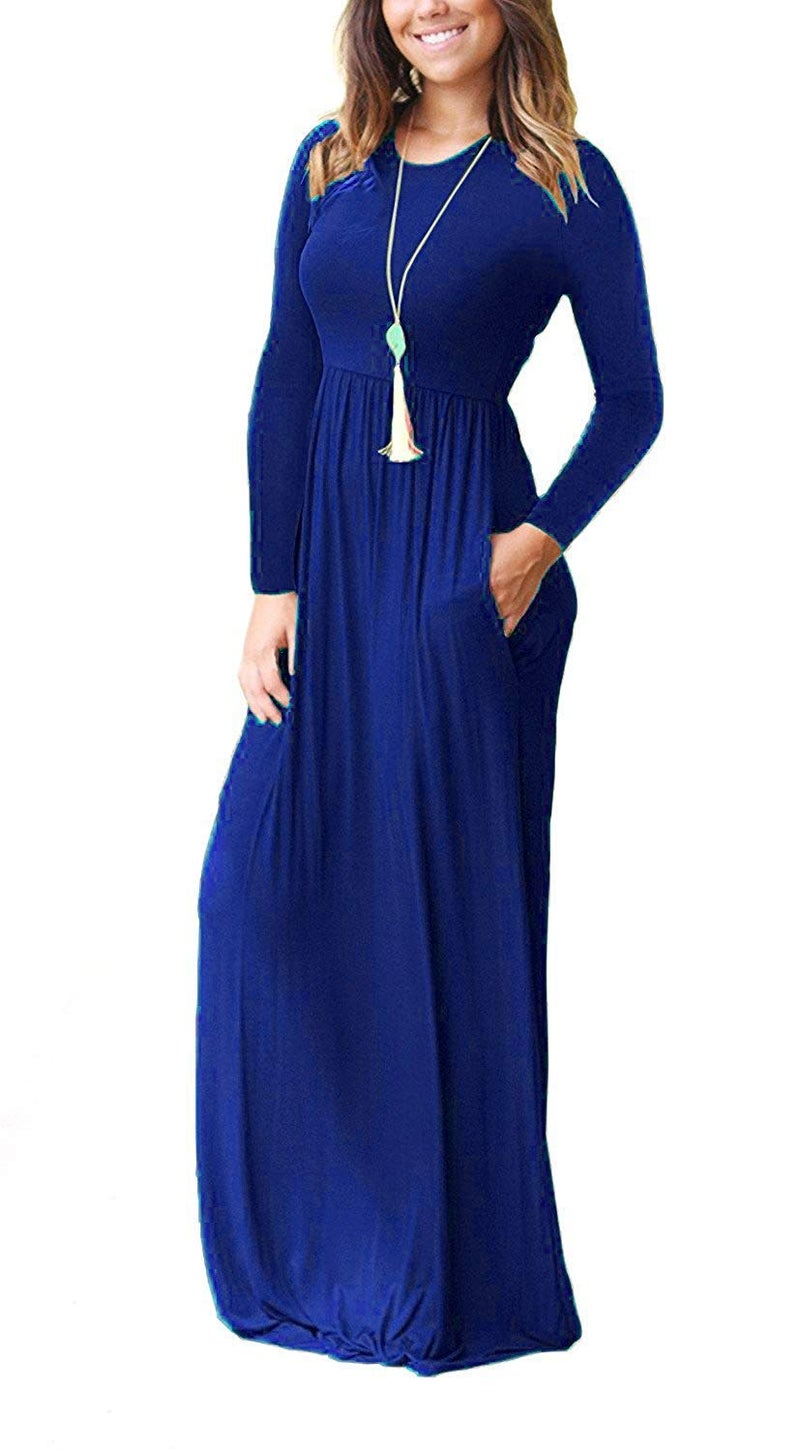 AUSELILY Maxi Dress for Women Casual Long Sleeve Crewneck Empire Waist Long Dresses with Pockets 2026 Royal Blue S - Image 2