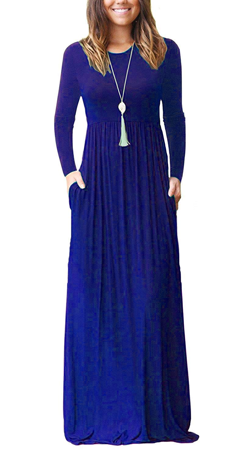 AUSELILY Maxi Dress for Women Casual Long Sleeve Crewneck Empire Waist Long Dresses with Pockets 2026 Royal Blue S - Image 4