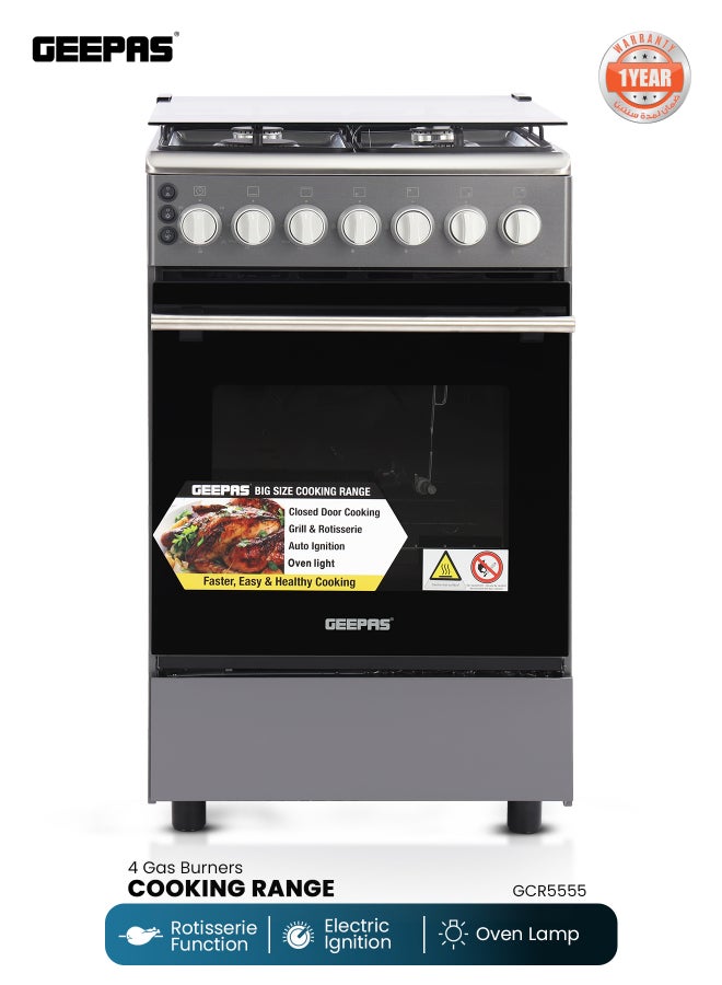 GEEPAS Cooking Range| 4 Gas Burners, Glass lid, Fixed Drawer and Stainless Steel Housing, Electric Ignition| Oven Lamp, Timer, Rotisserie, Mechanical Control, Double Glass Door, Multi Rack Support, 1 Year Warranty GCR5555 Silver/black - Image 1