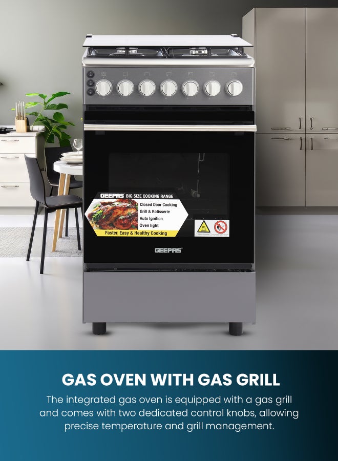 GEEPAS Cooking Range| 4 Gas Burners, Glass lid, Fixed Drawer and Stainless Steel Housing, Electric Ignition| Oven Lamp, Timer, Rotisserie, Mechanical Control, Double Glass Door, Multi Rack Support, 1 Year Warranty GCR5555 Silver/black - Image 4
