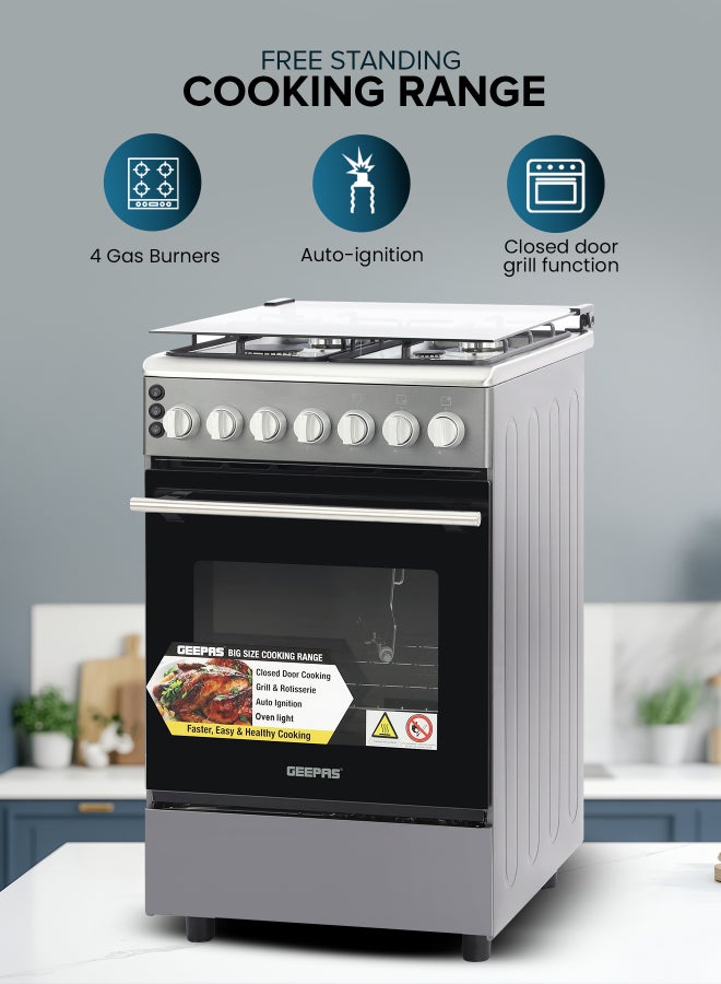GEEPAS Cooking Range| 4 Gas Burners, Glass lid, Fixed Drawer and Stainless Steel Housing, Electric Ignition| Oven Lamp, Timer, Rotisserie, Mechanical Control, Double Glass Door, Multi Rack Support, 1 Year Warranty GCR5555 Silver/black - Image 2