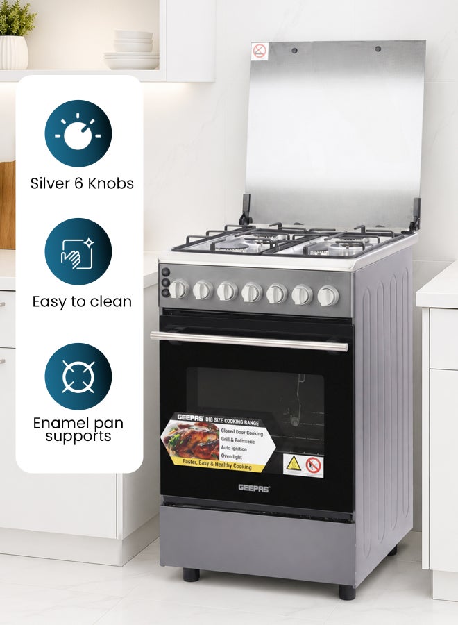 GEEPAS Cooking Range| 4 Gas Burners, Glass lid, Fixed Drawer and Stainless Steel Housing, Electric Ignition| Oven Lamp, Timer, Rotisserie, Mechanical Control, Double Glass Door, Multi Rack Support, 1 Year Warranty GCR5555 Silver/black - Image 3