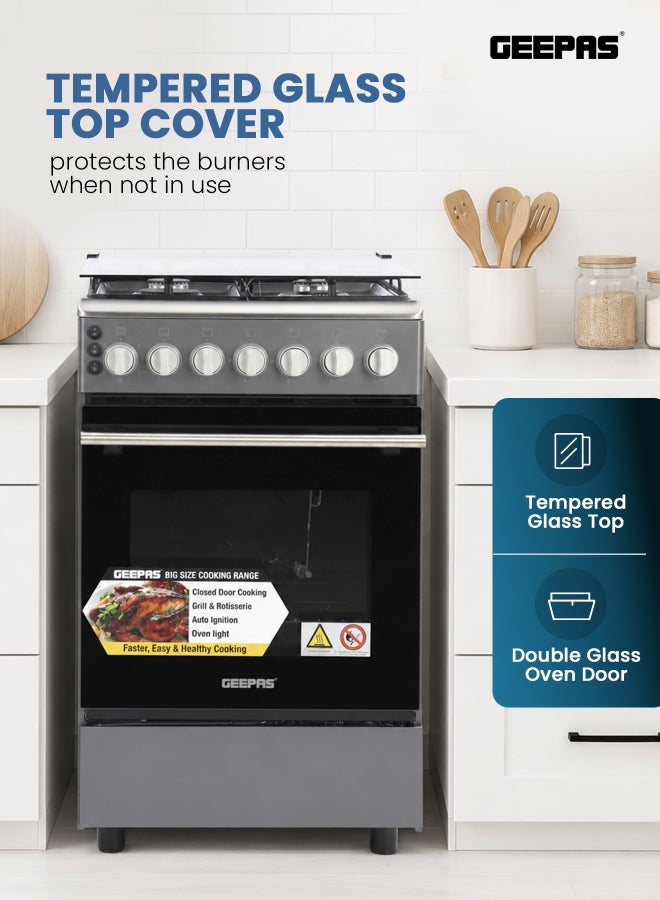 GEEPAS Cooking Range| 4 Gas Burners, Glass lid, Fixed Drawer and Stainless Steel Housing, Electric Ignition| Oven Lamp, Timer, Rotisserie, Mechanical Control, Double Glass Door, Multi Rack Support, 1 Year Warranty GCR5555 Silver/black - Image 5