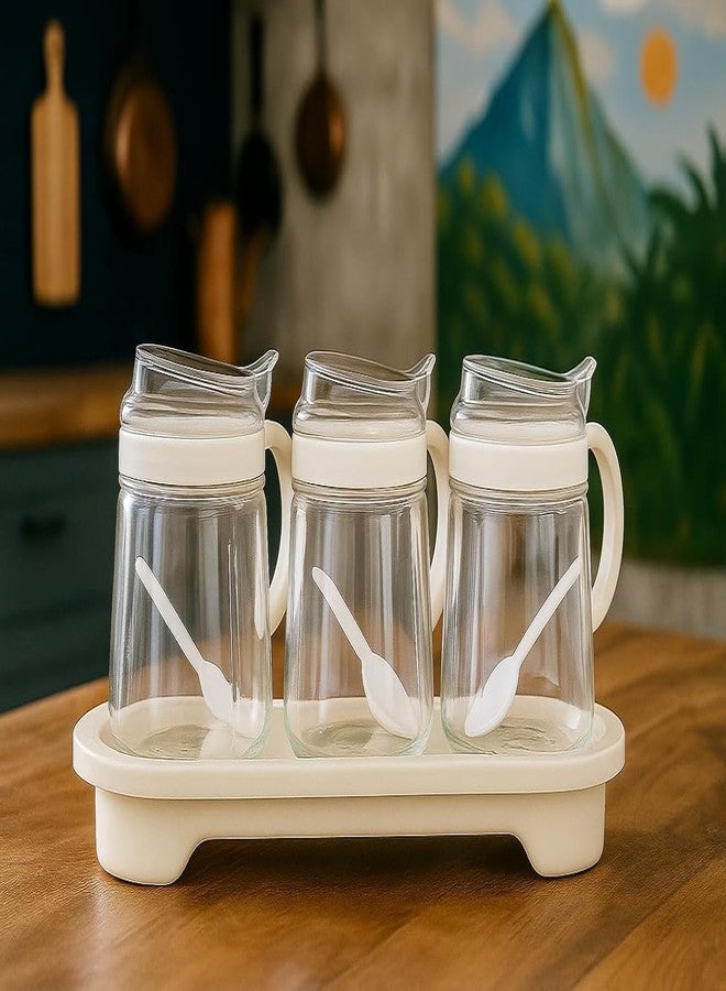 RAHAS 3 Pcs Set Condiment Jar with Tray Spoons, Kitchen Storage Container, Serving Dryfruit Spices, Sauces, Chutney, Masala, Mukhwas, Achar Masala Box Condiment Set - Transparent - Image 1