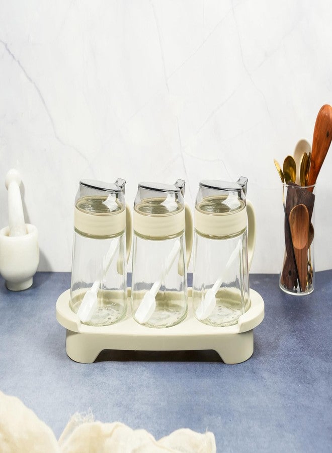 RAHAS 3 Pcs Set Condiment Jar with Tray Spoons, Kitchen Storage Container, Serving Dryfruit Spices, Sauces, Chutney, Masala, Mukhwas, Achar Masala Box Condiment Set - Transparent - Image 5