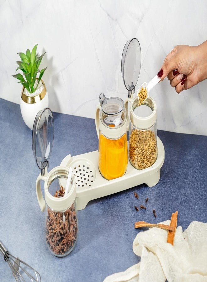 RAHAS 3 Pcs Set Condiment Jar with Tray Spoons, Kitchen Storage Container, Serving Dryfruit Spices, Sauces, Chutney, Masala, Mukhwas, Achar Masala Box Condiment Set - Transparent - Image 4