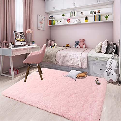 Merelax Pink Area Rugs for Living Room Bedroom Girls, 4x6 Soft Fluffy Fuzzy Shag Rug for Kids Room Bedside Rug, Indoor Floor Plush Cute Carpet for Baby, Nursery, Home Decor Aesthetic - Image 2