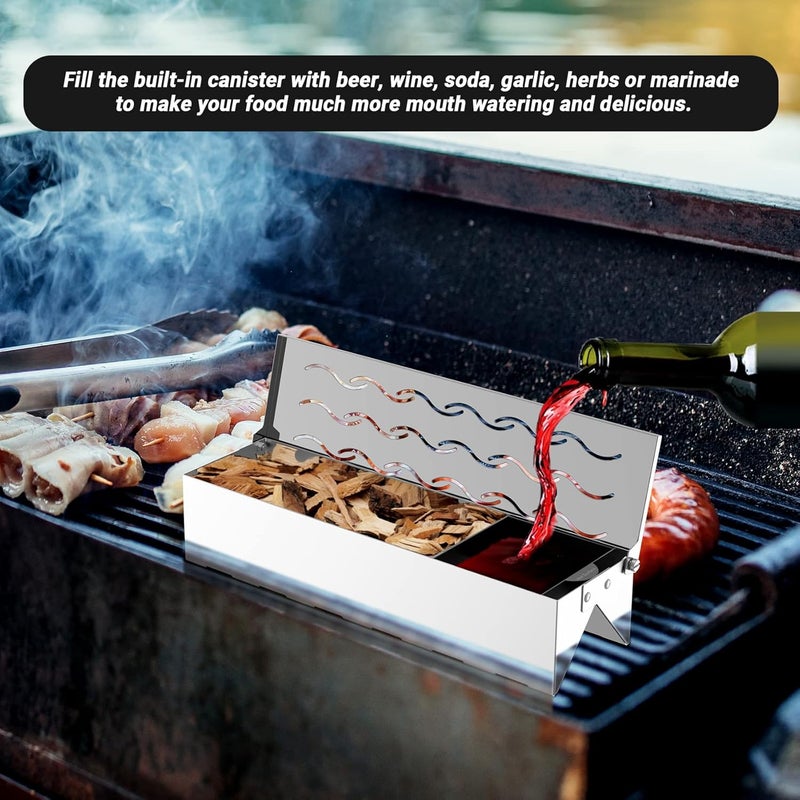 Skyflame Stainless Steel Smoker Box with Canister Can, Double V-Shape BBQ Wood Chips Smoky Box Designed by Wavy Vent and Hinged Lid, 12” Compact Size for Gas/Charcoal Grill Kebob Smoky Grilling - Image 3