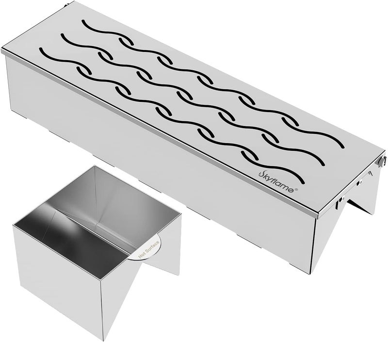 Skyflame Stainless Steel Smoker Box with Canister Can, Double V-Shape BBQ Wood Chips Smoky Box Designed by Wavy Vent and Hinged Lid, 12” Compact Size for Gas/Charcoal Grill Kebob Smoky Grilling - Image 1
