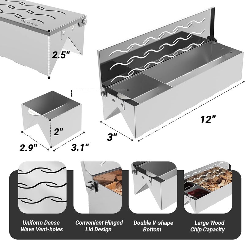 Skyflame Stainless Steel Smoker Box with Canister Can, Double V-Shape BBQ Wood Chips Smoky Box Designed by Wavy Vent and Hinged Lid, 12” Compact Size for Gas/Charcoal Grill Kebob Smoky Grilling - Image 2