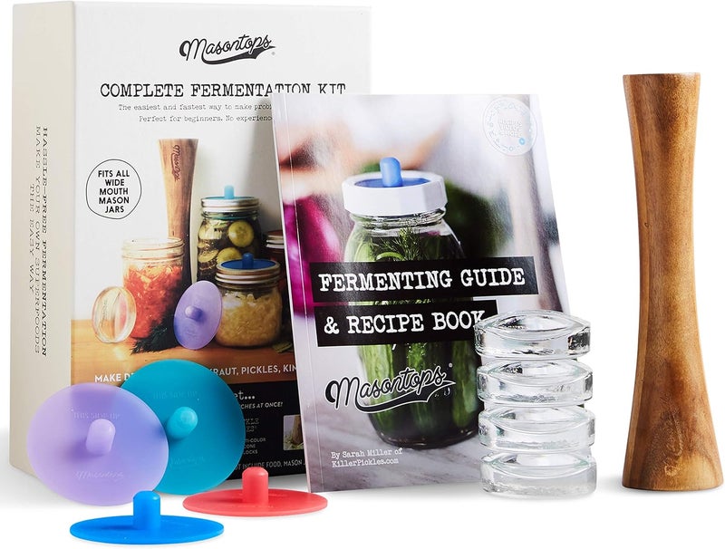 Masontops Complete Mason Jar Fermentation Kit - Pickle Kit, Sauerkraut Making Kit Kimchi Container - Fermentation Airlock Lids Wide Mouth Mason Jars - Image 1