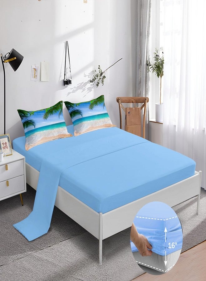 BDUCOK طقم لحاف BDUCOK Ocean كامل الحجم مكون من 6 قطع، طقم سرير شاطئي متكامل، بنقشة أشجار النخيل الاستوائية، لون أزرق محيطي هاواي، طقم لحاف مناسب لجميع الفصول، بنقشة شاطئ مشمسة وطبيعة ساحلية، رقم الموديل 3003-كامل 6 قطع - Image 4