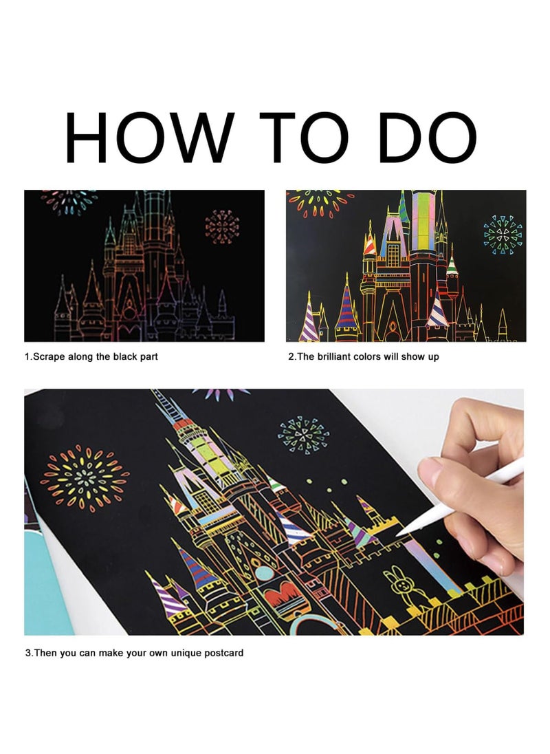 Excefore Scratch Paper Art Set for Kids, Rainbow Magic Paper Craft, Black Paper Scraper Note Paper, Doodle Pads Childrens Crafts, Black Scratch Off Art Crafts Supplies Coloring Kit 20 Pieces in Total  - Image 4