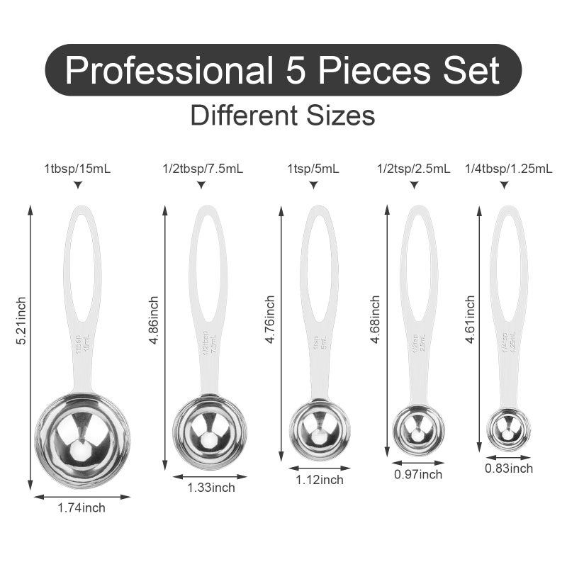 Aovchei 5pcs Measuring Spoon Set, Heavy Duty Stainless Steel Measuring Cups for Cooking Baking, Tablespoon Teaspoon for Dry or Liquid Ingredients, Fits in Spice Jar, 1/4 1/2 1 tsp, 1/2 1 tbsp - Image 2
