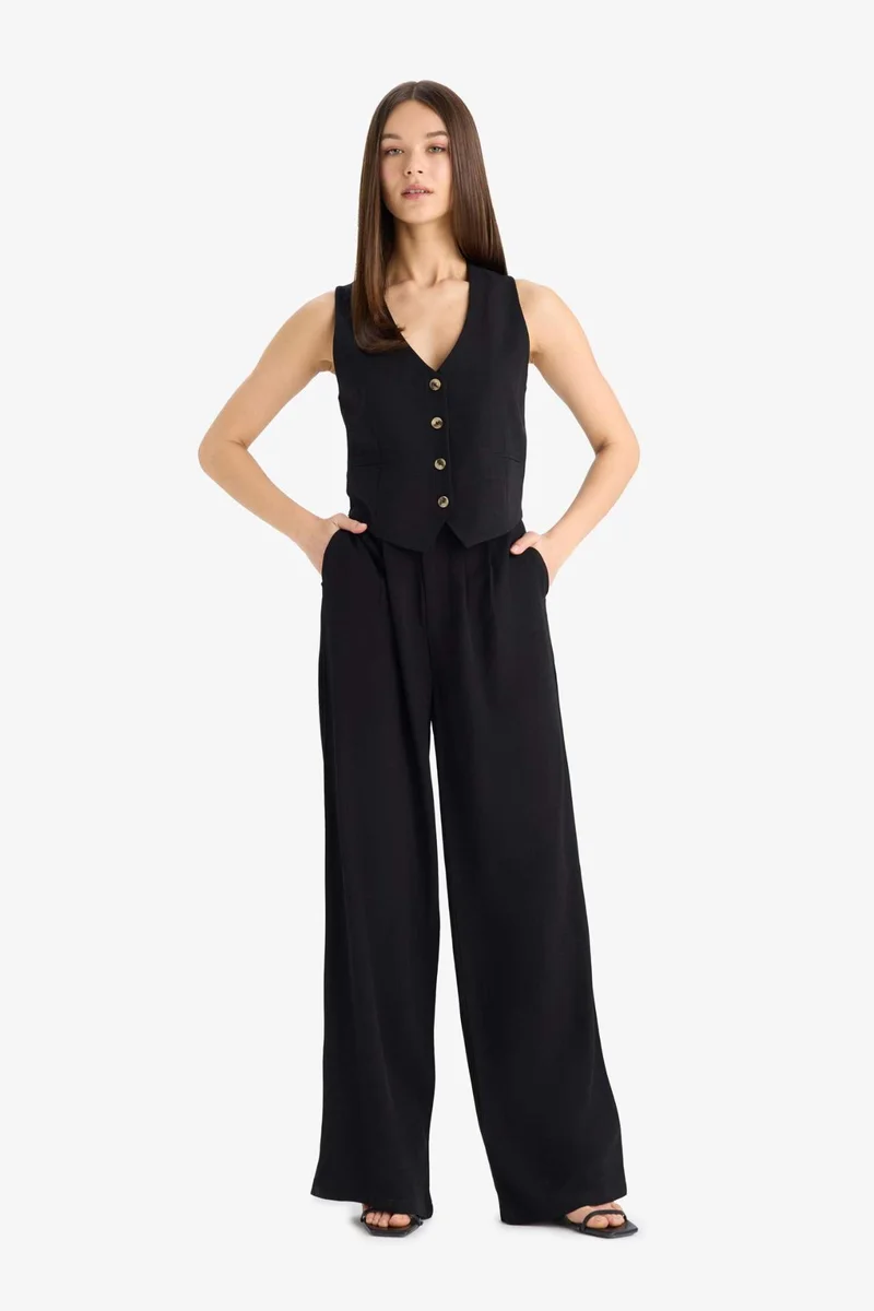 ديفاكتو Wide Leg Zippered Normal Waist Linen Blend Trousers