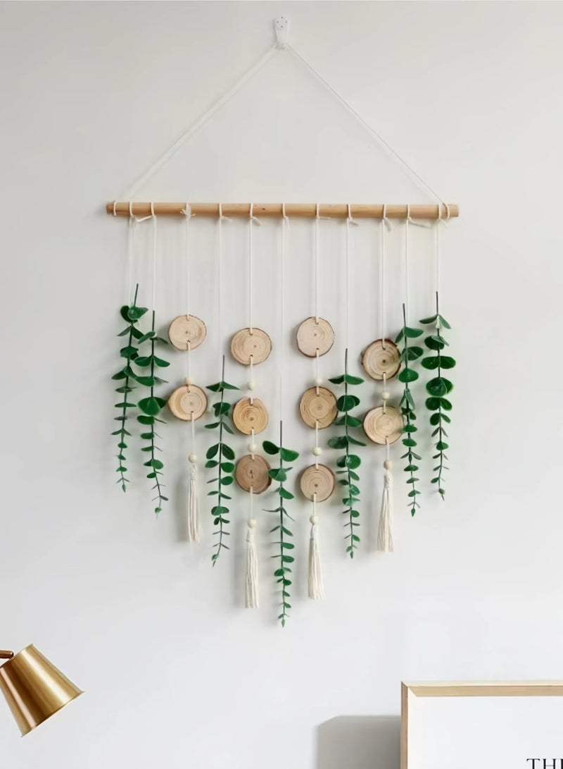 عش الحضري معلق حائطي من المكرميه لعرض الصور، منظم لبطاقات الصور وإكسسوارات الشعر مع أوراق، ديكور حائطي بوهو طبيعي مصنوع يدويًا، هدية - Image 1