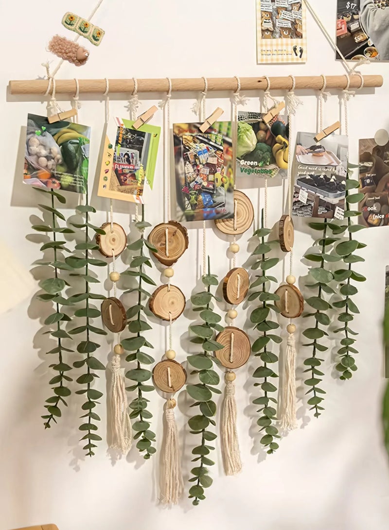 عش الحضري معلق حائطي من المكرميه لعرض الصور، منظم لبطاقات الصور وإكسسوارات الشعر مع أوراق، ديكور حائطي بوهو طبيعي مصنوع يدويًا، هدية - Image 3
