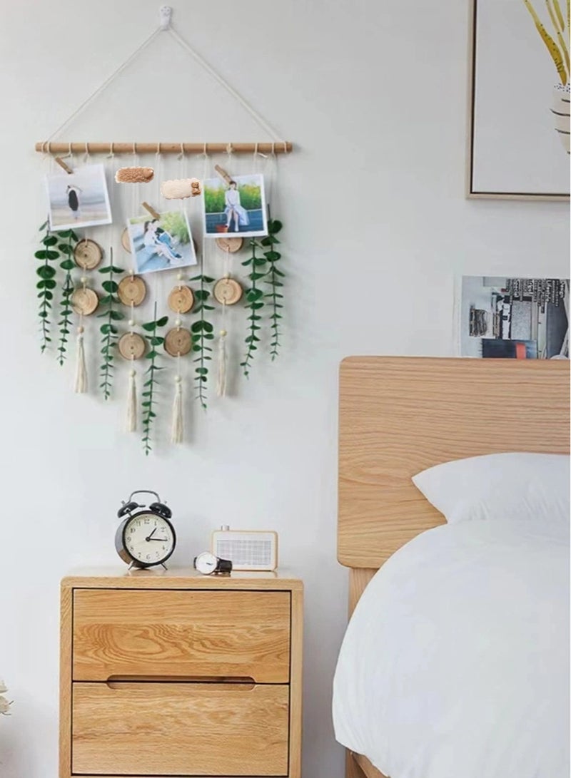 عش الحضري معلق حائطي من المكرميه لعرض الصور، منظم لبطاقات الصور وإكسسوارات الشعر مع أوراق، ديكور حائطي بوهو طبيعي مصنوع يدويًا، هدية - Image 4